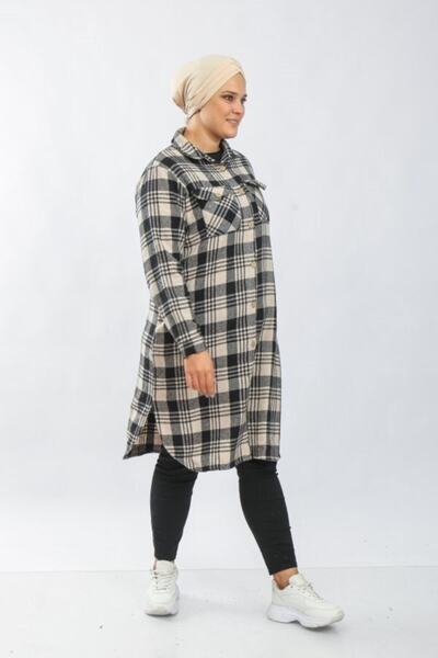 Modakenti Cămașă lungă și groasă pentru femei de mărime mare - bej cu patru linii