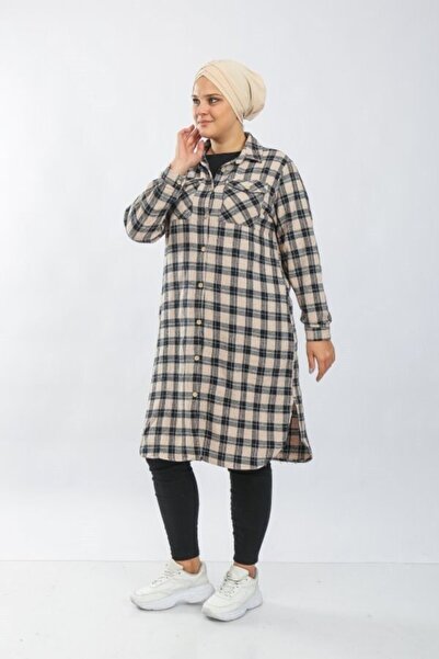 Modakenti Kadın Büyük Beden Kalın Uzun Oduncu Gömlek  Bej  Kare