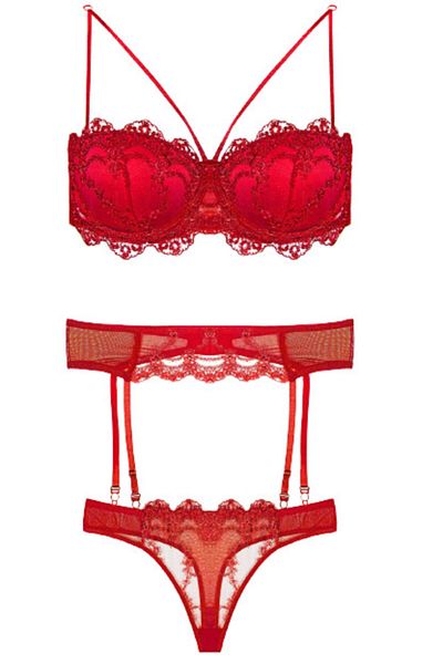 Bestin Women's Red Supported Padded Bra, String Panties and Garter Set