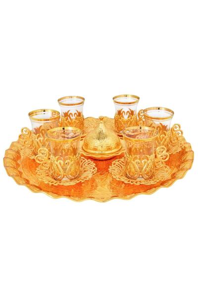 Genel Markalar Osmanlı Motifli Çay Seti 6 Kişilik Tepsili Sarı Renk