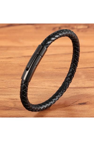 Gogoey Men's Bracelet Genuine Leather Black Model Hand Knitted