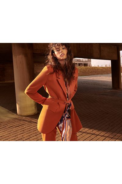 MIARTE Swallow Collar Double Pocket Belted Ethnic Pattern Saffron Color Suit with Scarf