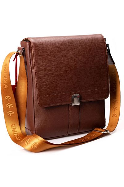 Eminsa Tan Color Magnetic Cover Leather Men's Shoulder Bag with Strap