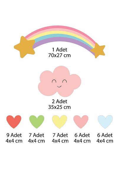 Tilki Dünyası Cute Clouds Rainbow and Hearts Kids Room Wall Sticker