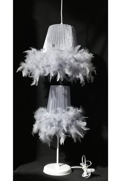 TEKAY AYDINLATMA Çocuk Odası Yatak Odası Gri Tüylü Avize Abajur Seti Beyaz Metal Ayaklı