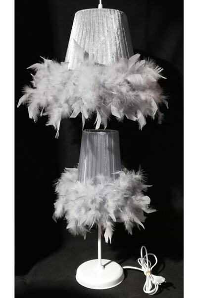 TEKAY AYDINLATMA Çocuk Odası Yatak Odası Gri Tüylü Avize Abajur Seti Beyaz Metal Ayaklı