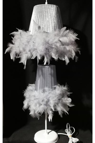 TEKAY AYDINLATMA Çocuk Odası Yatak Odası Gri Tüylü Avize Abajur Seti Beyaz Metal Ayaklı