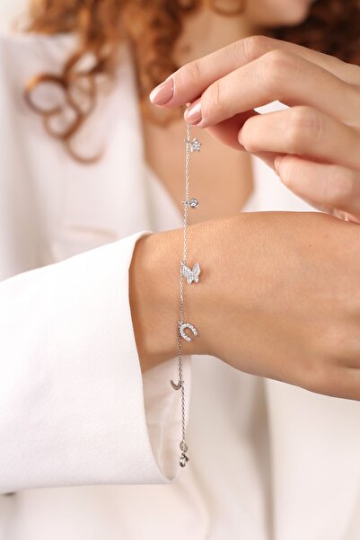 Lia Berto Kadın Gri Pırlanta Kelebekli Şans Model 925 Ayar Gümüş Bileklik