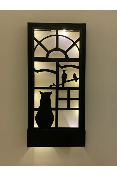 MSAĞWOODS Siyah Kedi Pillerhariç Peri Ledli Ahşap Işıklı Tablo Ev Hediyesi Ho...