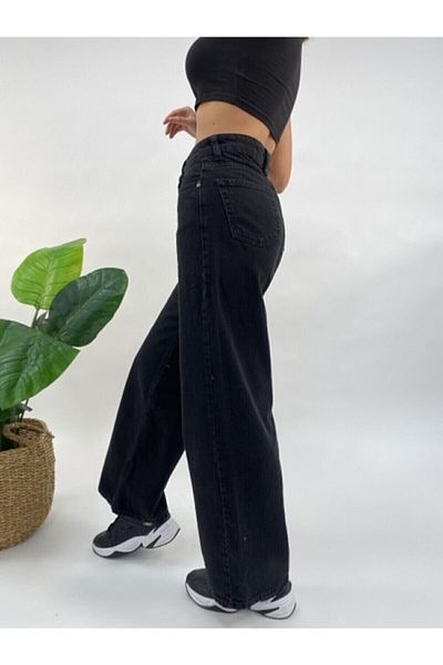 Trn JNS Pantaloni Palazzo cu blugi largi cu talie super înaltă din Lycra neagră. (SUPER ÎNALT.) Picior lat.