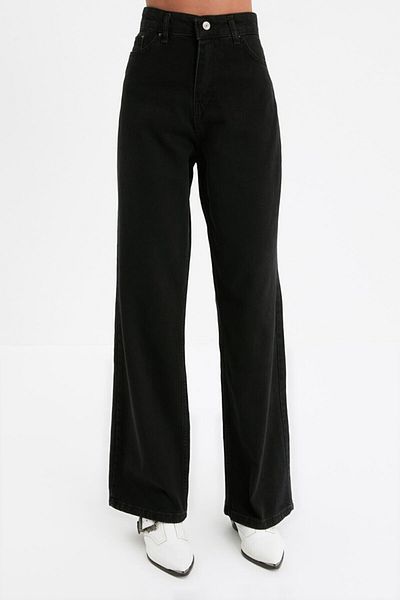 Trn JNS Pantaloni Palazzo cu blugi largi cu talie super înaltă din Lycra neagră. (SUPER ÎNALT.) Picior lat.