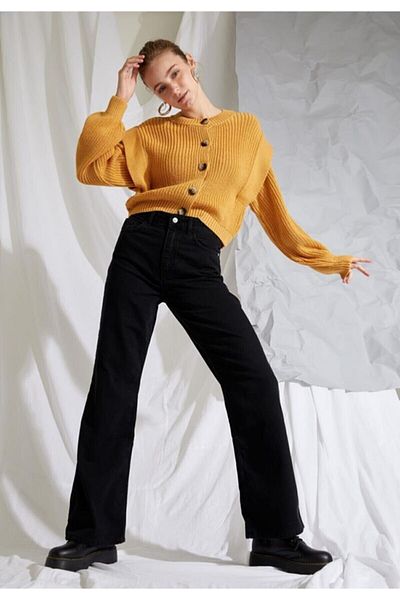 Trn JNS Pantaloni largi, în lycra negru, cu talie super înaltă, Palazzo Palazzo. (SUPER ÎNALT.) Picior lat.