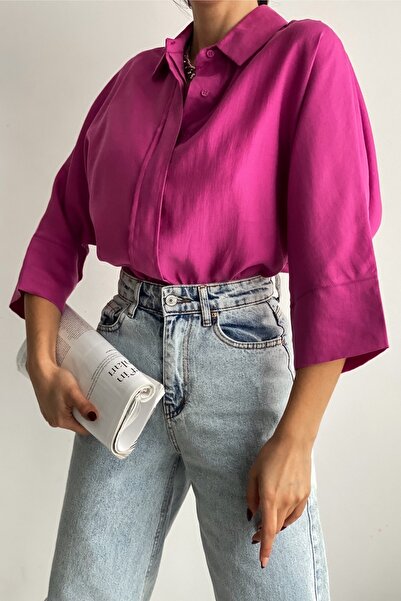 FEMELLE Női fukszia rejtett gombos, széles denevér ujjú, bő szabású túlméretes ing 50% viszkóz 50% pamut