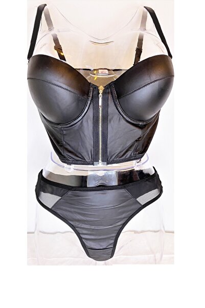 PIRILTILİNA E-TİCARET Deri Fermuarlı Siyah Büstiyer - Sütyen Takımı