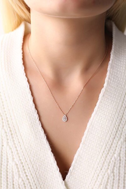 Lia Berto Rose Zirkon Taşlı Damla 925 Ayar Gümüş Kolye