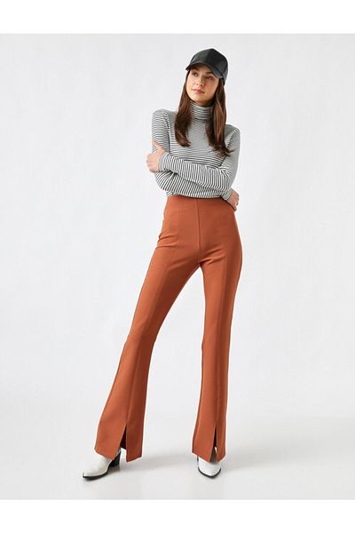 Koton Women's Brown High Waist Trousers with Slits on the Legs