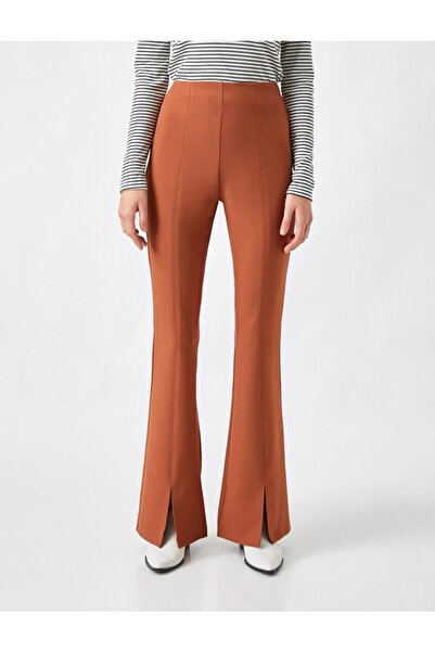 Koton Women's Brown High Waist Trousers with Slits on the Legs