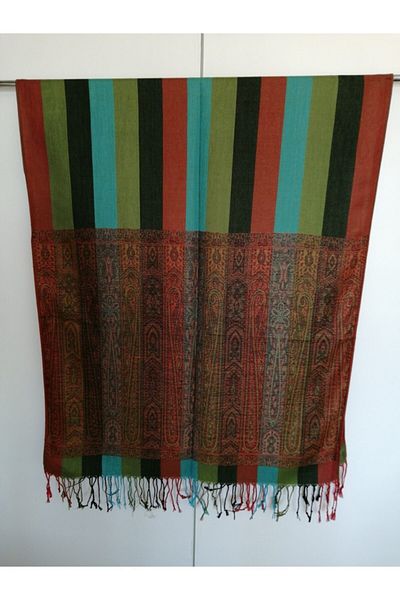 Butik Tülin Unisex Authentic Viscous Green Multicolor Striped Tassel Shawl
