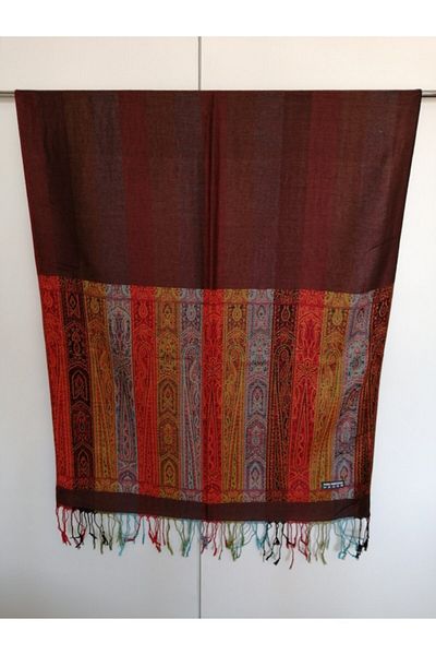 Butik Tülin Unisex Authentic Viscous Brown Multicolor Striped Tassel Shawl
