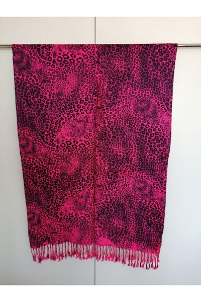 Butik Tülin Unisex Authentic Acrylic Pink Black Leopard Pattern Printed Soft Shawl
