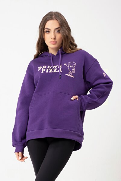 Eazy Co Eazy Drunk Pizza Oversize Unisex Mor Kapüşonlu Yaka Світшот