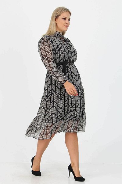 Neşeli Butik Γυναικείο φόρεμα σιφόν με λεπτομέρεια με κορδόνια με γιακά Gipeli Midi μεγάλο μέγεθος Apcx17
