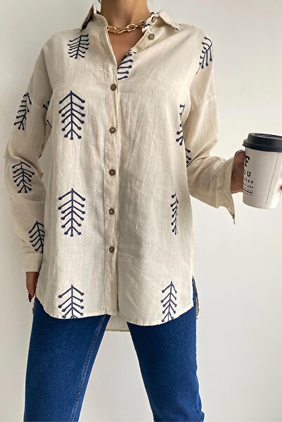 FEMELLE Γυναικείο Πουκάμισο Μπεζ 75% Βαμβάκι 25% Λινό