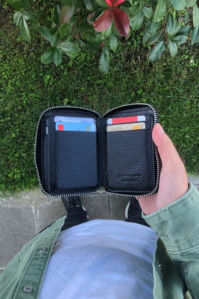 DİGA Mini Real Leather Unisex Black Wallet with Zipper