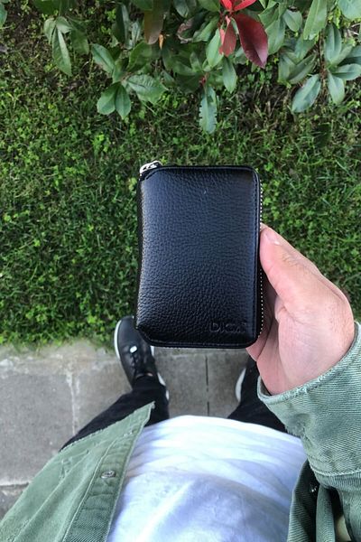 DİGA Mini Real Leather Unisex Black Wallet with Zipper