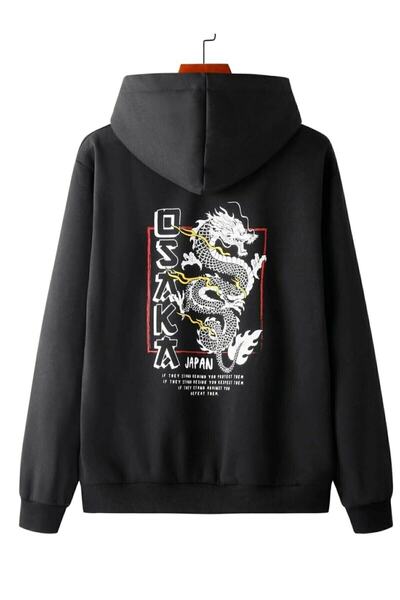 FUWEAR Hanorac oversize unisex cu glugă, negru, cu imprimeu Osaka