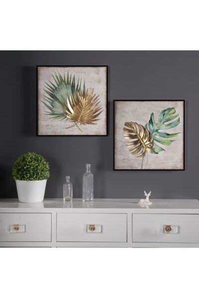 Markazip Siyah Metal Çerçeveli Ikili Gold Yeşil Yapraklar Kanvas Tablo 50x50c...