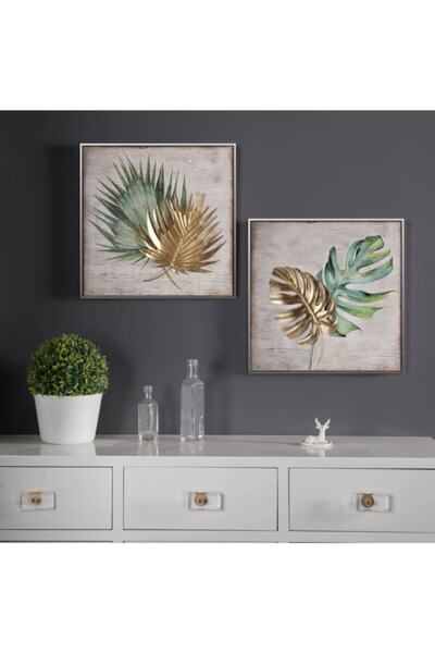 Markazip Gümüş Metal Çerçeveli Ikili Gold Yeşil Yapraklar Kanvas Tablo 50x50c...