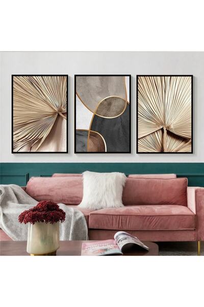 Markazip Siyah Metal Çerçeveli 50x70cm Üçlü Altın Palmiye Soyut Kanvas Tablo ...