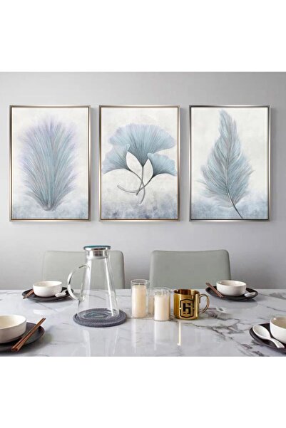 Markazip Gümüş Metal Çerçeveli 50x70cm Üçlü Mavi Soyut Yapraklar Kanvas Tablo Kod: Xl001-k-g