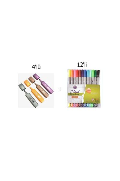 Masis 4-Piece Metallic Highlighter + 12-Piece Double-Ended Pen