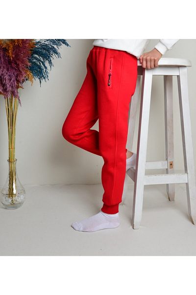 KİDSPİTİRCİK Unisex Kids Red 3ip Thick Fleece Tracksuit Bottom