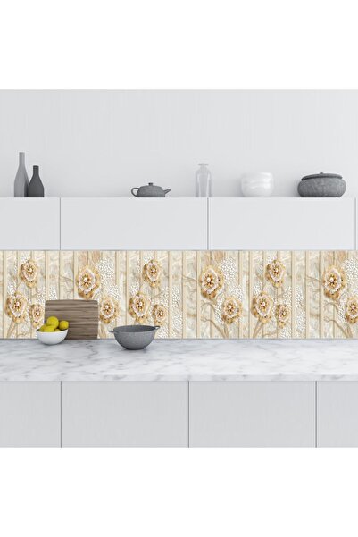 StickerArt Mutfak Tezgah Arası Folyo Fayans Kaplama Folyosu 3d Altın Çiçekler 60x100 Cm