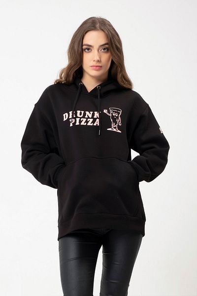 Eazy Co Hanorac negru unisex cu glugă Eazy Drunk Pizza