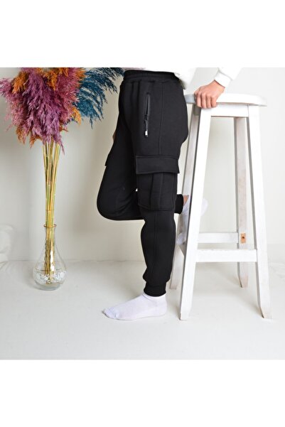 KİDSPİTİRCİK Unisex Παιδικό Μαύρο Φούτερ με Τσέπες Cargo 3ip Χοντρό Φλις Φούτ...