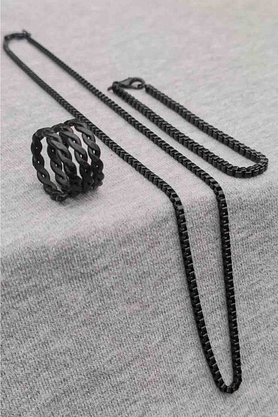 The Collection Black Spiral Shaped Adjustable Black Ring Cube Bracelet And Necklace Set
