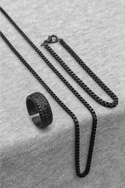 The Collection Wheel Tire Shaped Adjustable Black Ring Cube Bracelet And Necklace Set