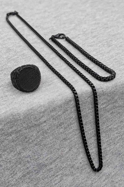 The Collection Çukur Slope Adjustable Matte Black Ring Cube Bracelet And Necklace Set