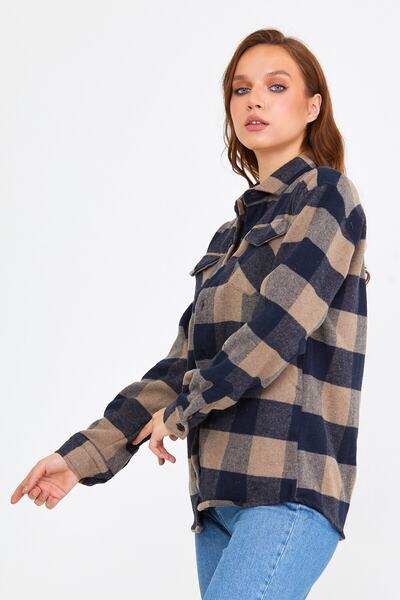 COOL TARZ Brown Women's Slim Fit Button-Up Collar Double Pocket Lumberjack Plaid Shirt