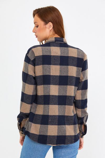 COOL TARZ Brown Women's Slim Fit Button-Up Collar Double Pocket Lumberjack Plaid Shirt