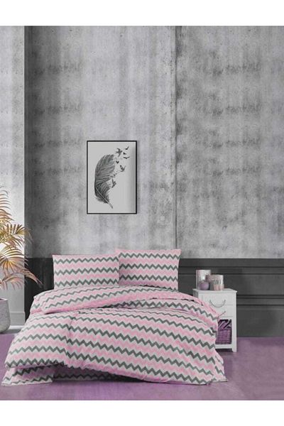 üntaş Life Series Pink Gray Zigzag Double Cotton Duvet Cover Set 200x220 Espembegrisetçft