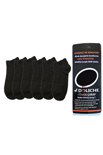 Doliche 6 Pairs Women's Patented Silver Threaded Bamboo Booties Sports Black Socks - Foot Odor and Cork Finish