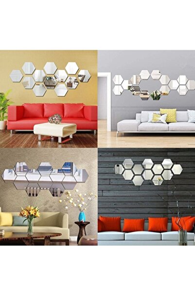 evdeucuz Bal Peteği Gümüş Dekoratif Altıgen 12x Süs Akrilik Ayna 11x12,5cm Pl...