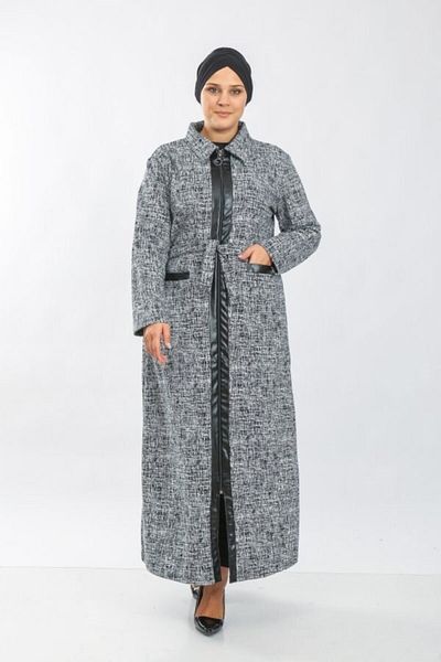 Modakenti Plus Size Leather Jacquard Stamp Zippered Full Size Ferace - Gray Black
