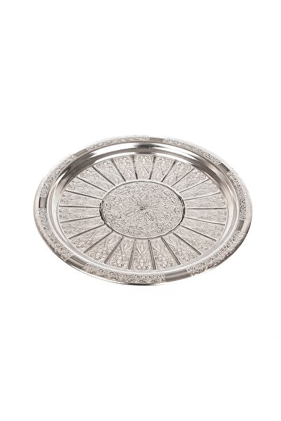 DMT COPPER HOME Dmt Gaziantep Bakır Servis Tepsi Gümüş Nakışlı Otantik Motifli 22 Cm Kalınlık 3mm