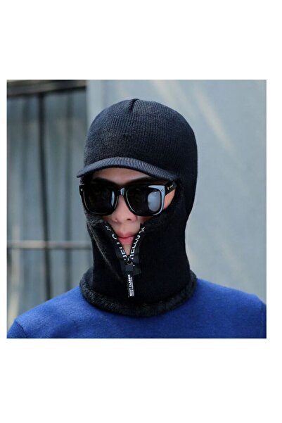 yarbay Erkek Kış Örme Fermuar Şapka Kürk Kaplı Sıcak Boyunluk Siyah